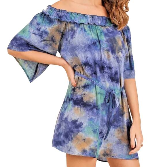 NEW Off Shoulder Tie Dye Dress Women Medium Tunic Blue Green Bell Sleeve Country - Picture 2 of 16